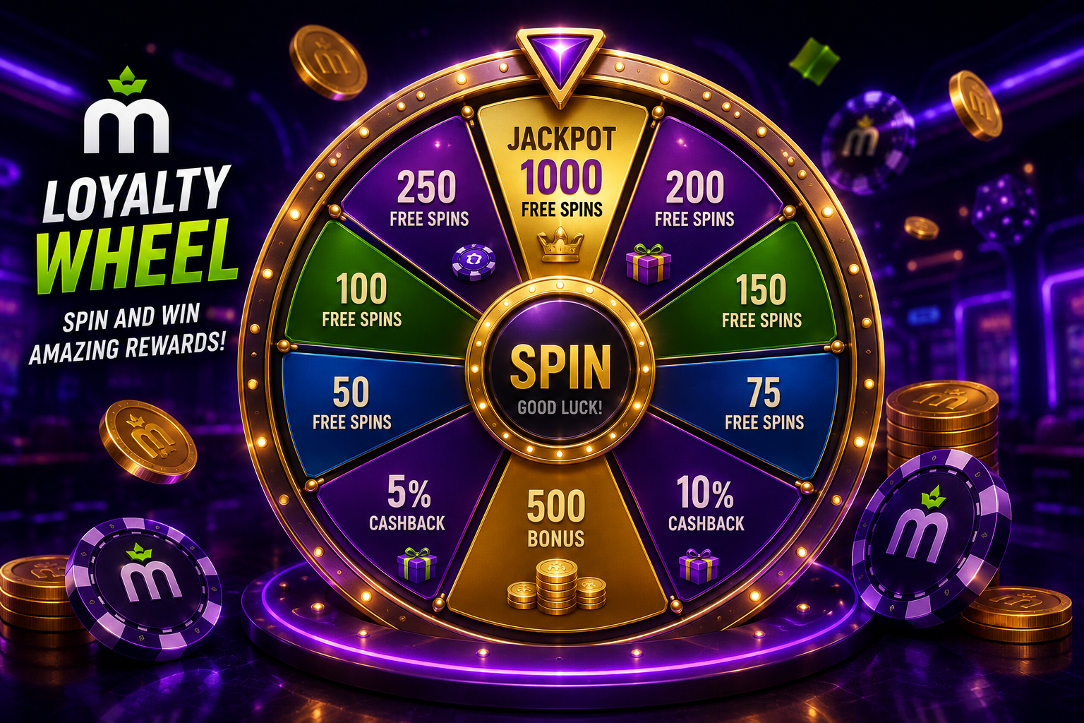 Illustration d'une roue de la fortune et de pièces représentant les MaxWin Points sur MaxWin Casino