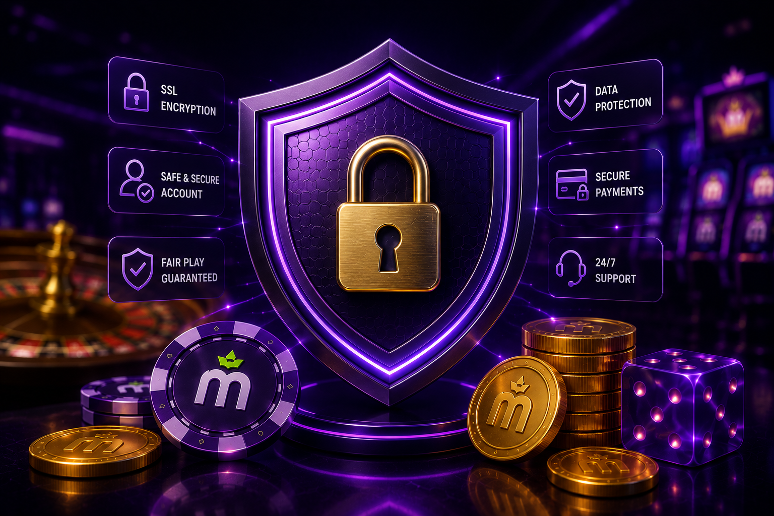 Illustration d'un bouclier et d'un cadenas représentant la sécurité du compte sur MaxWin Casino